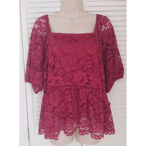 NWT $78 NANETTE LEPORE RASPBERRY LACE PEPLUM LINED BACK ZIPPER TOP BLOUSE SZ L - Picture 2 of 11